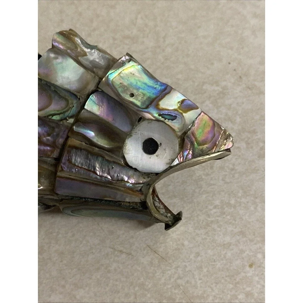 VINTAGE ARTICULATED FISH BOTTLE OPENER MOTHER OF PEARL ABALONE SHELL MEXICO